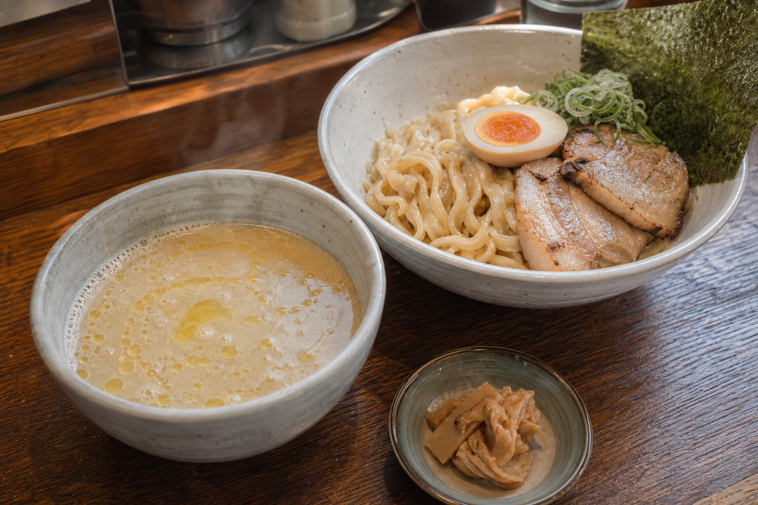 鶏白湯つけ麺の盛り付けイメージ（食べログ・口コミで紹介される平打ち麺と白湯つけ汁のイメージに基づく生成画像。実際の提供と異なる場合があります）